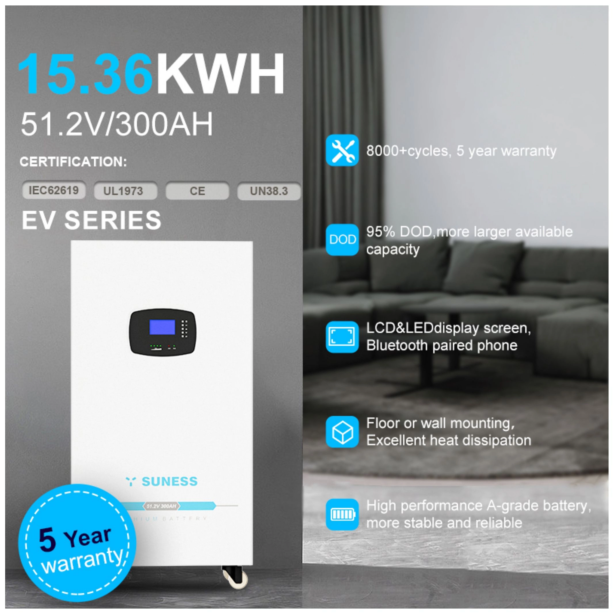بطارية ليثيوم SUNESS 15.36kWh (سلسلة EV)