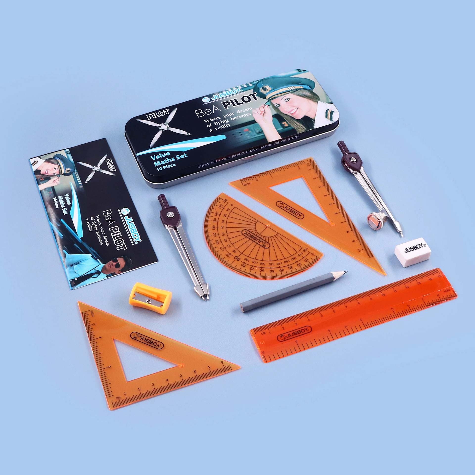 📐 علبة هندسة معدنية – 9 قطع الطيار PILOT