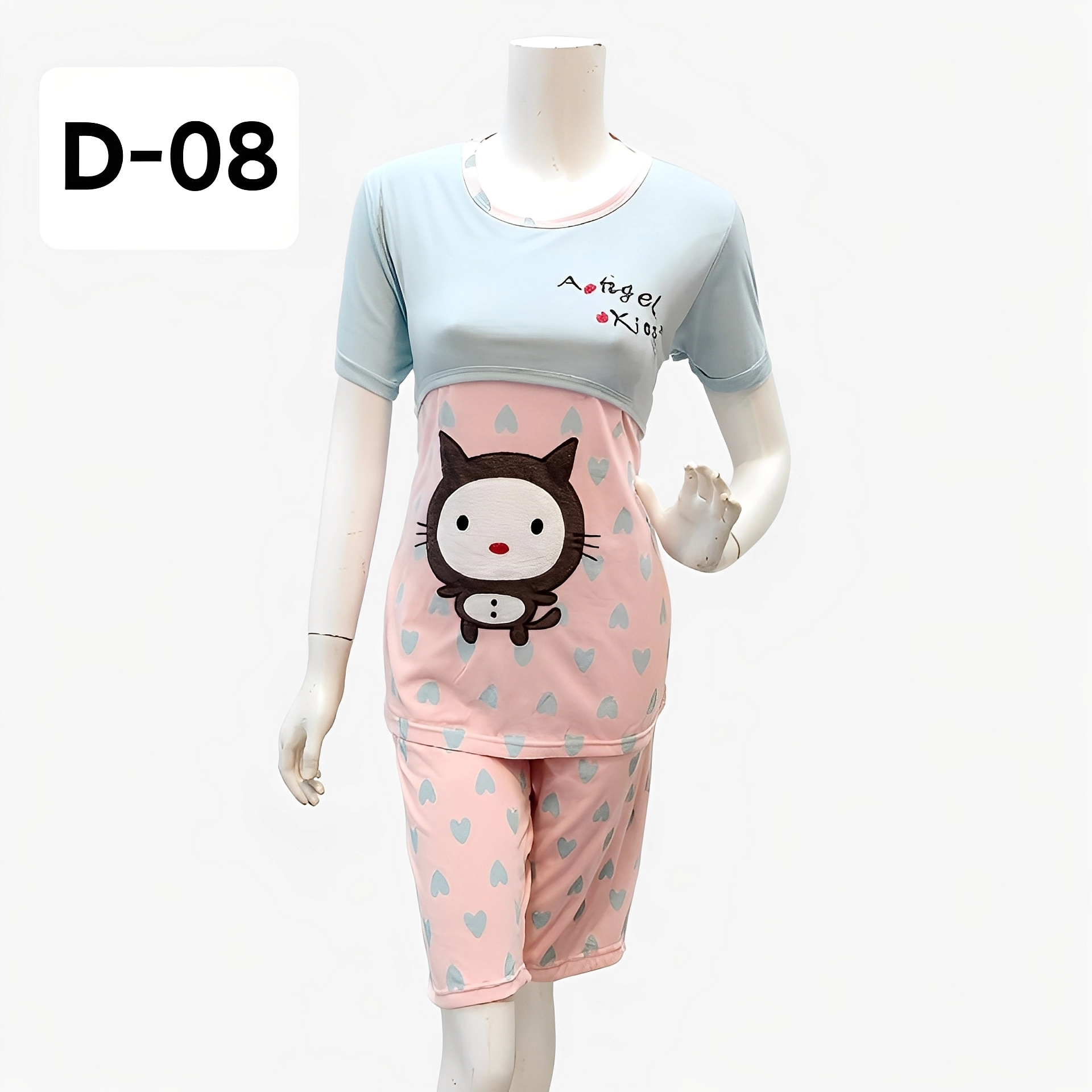 😻 طقم قطني كاجوال قطعتين – تصميم القط اللطيف D-08