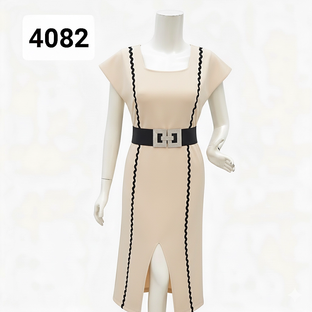 🖤 فستان رسمي أنيق – كتان مطاط بتفاصيل سوداء وحزام (4082)