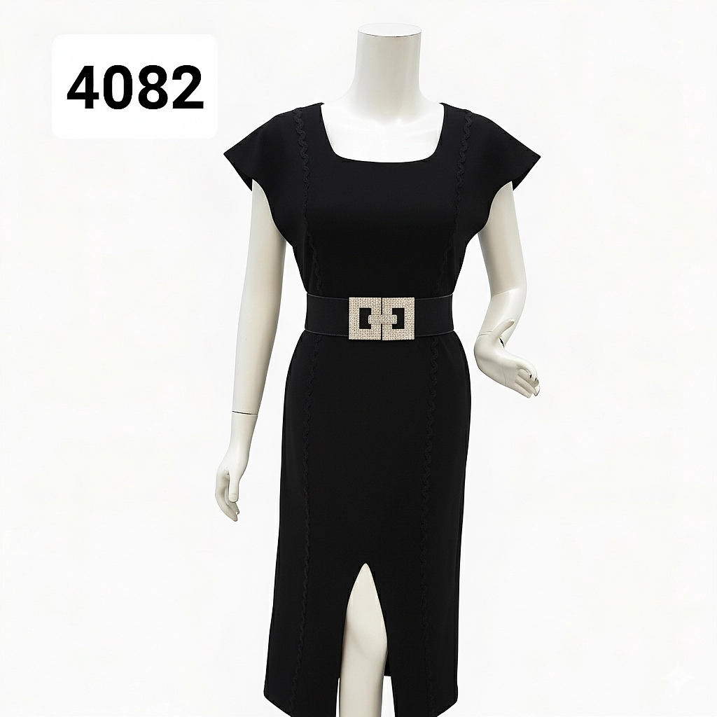 🖤 فستان رسمي أنيق – كتان مطاط بتفاصيل سوداء وحزام (4082)