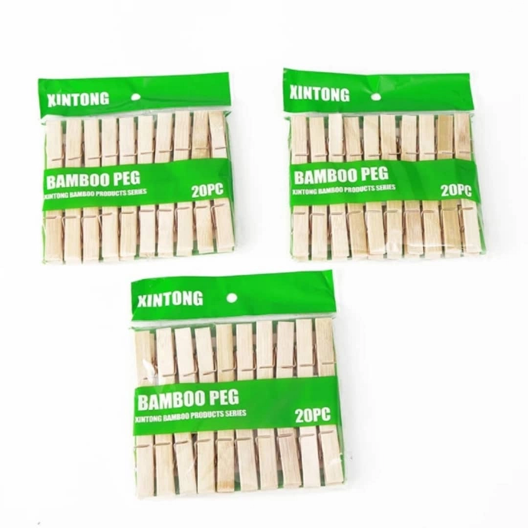 كيس مشابك غسيل خشبية (BAMBOO PEG) يحتوي على 20 قطعة. السعر: 12 ريال سعودي فقط.