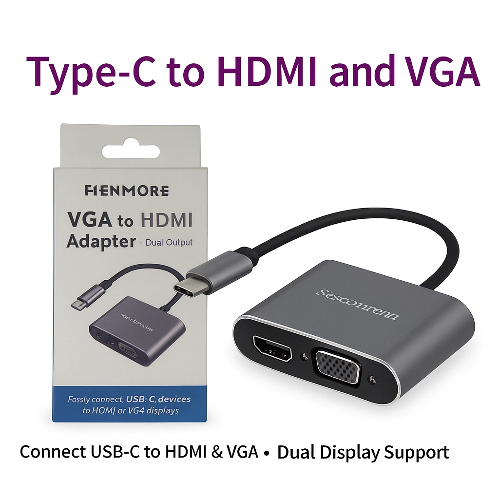 محول Type-C الذكي إلى HDMI و VGA المزدوج 📺