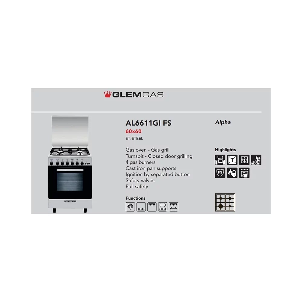 طباخ جليم جاز 4 شعلات غاز 60×60 سم | Glem Gas Free Standing Cooker - AL6611GI