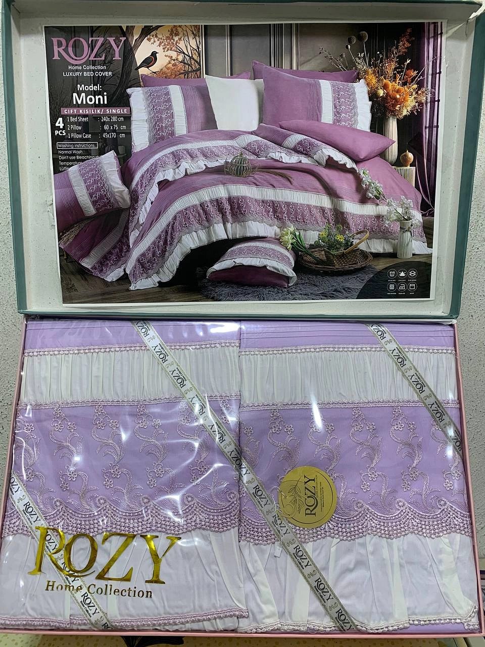 طقم سرير كبير فاخر – 4 قطع (ملاية + 2 خدادية + كيس مخدة)