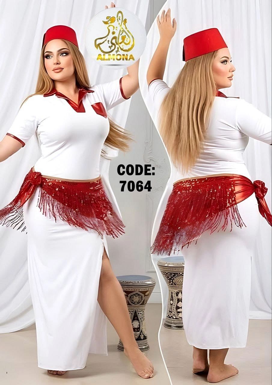 بدلة رقص بلدي طويلة لون ابيض مع حزام احمر