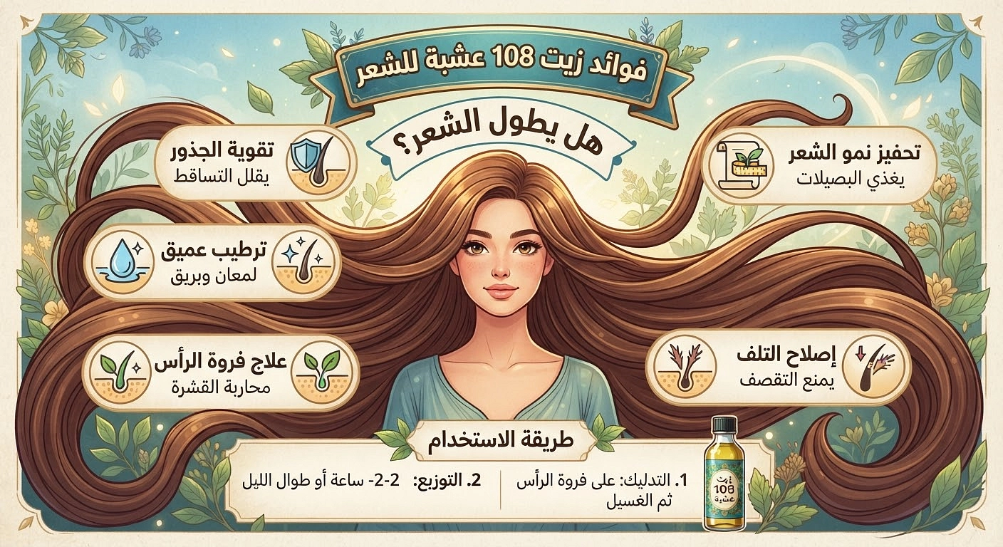 فوائد زيت 108 عشبة للشعر وطريقة استخدامه وهل يطول الشعر؟